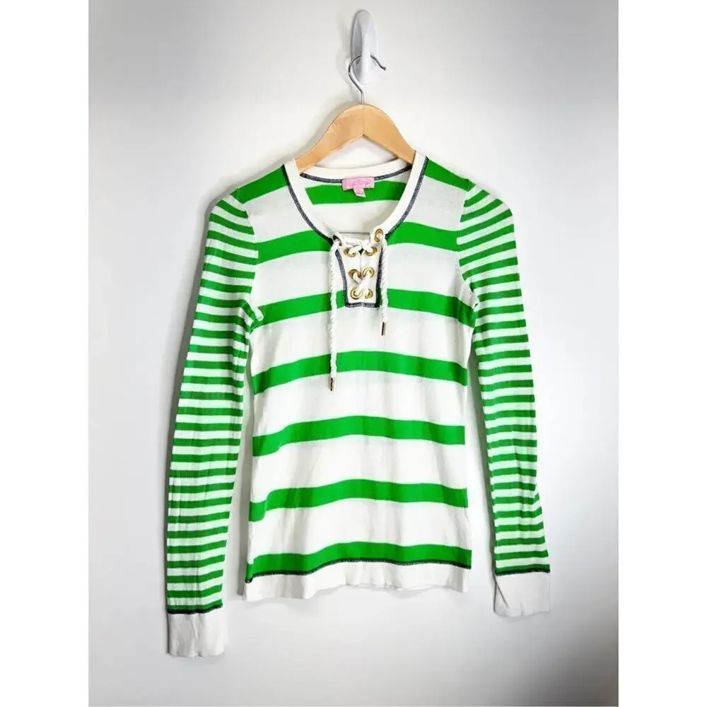 Lilly‎ Pulitzer Sweater Size Small Green White Striped Long Sleeve Pullover
